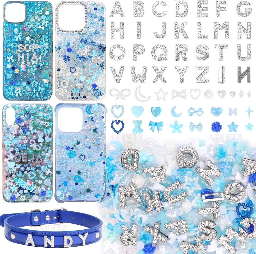 330 Pcs Blue Junk Phone Case Charms 26 Pcs A-Z Rhinestone Alphabet Letter Charms, Mix Flower Bow Heart Pearls Flatback Resin Charms Letter Junk Cases Kit for DIY Crafts (Set-8)