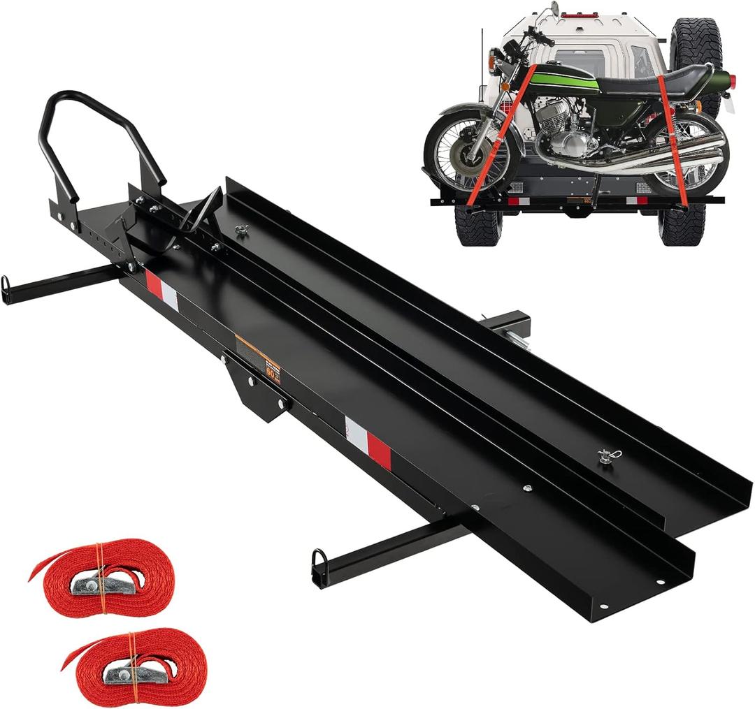 SAFSTAR 600 LBS Motorcycle Carrier, Hitch Mount Bike Rack w/Loading Ramp, Adjustable Wheel Chock & 2 Straps, Heavy-Duty Steel Trailer Hauler w/ 2" Hitch Receiver for Car, SUV, Truck, Black SAFSTAR 600 LBS Motorcycle Carrier, Hitch Mount Bike Rack w/Loading Ramp, Adjustable Wheel Chock & 2 Straps, Heavy-Duty Steel Trailer Hauler w/ 2" Hitch Receiver for Car, SUV, Truck, Black