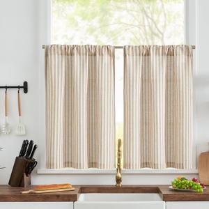jinchan Striped Linen Kitchen Curtains 30 Inch Length Pinstripe Farmhouse Cafe Tier Curtains for Living Room Bathroom Rustic Half Window Light Filtering Rod Pocket Small Drapes 2 Panels Tan (26"W x 30"L (Pack of 2), Rod Pocket Striped Tan)