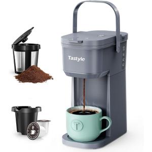 Single Serve One Cup Coffee Maker, for K Cups and Grounds, Mini Coffee Maker with Portable Handle, 6 to 12 Oz Brew Size, for Travel, Camping, Office, RV and Dorm, 120V, Cool Gray