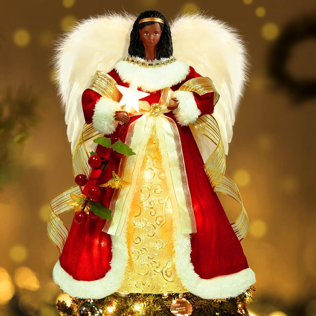 Christmas Tree Topper Angel with Lights, Xmas Tree Toppers Decorations with Timer, 12.5in Lighted Treetop Ornaments for Indoor Holiday Decor (Red)
