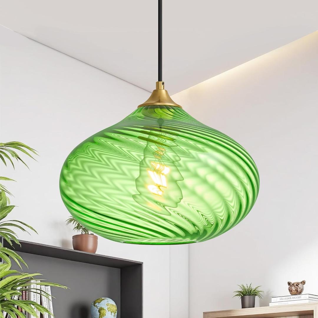 Glass Pendant Lights Kitchen Island, Gold Pendant Lighting Fixtures, Modern Hanging Ceiling Light with 11'' Striped Green Glass Shade for Farmhouse Dining Room Bedroom Hallway(1 Pack)