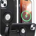 for iPhone 15 Leather Case with Stand, Anti-Slip Grip Ring, Fits for MagSafe (Black, iPhone 15)