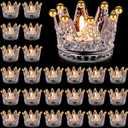 24 Pcs Birthday Clear Crown Votive Candle Holders Glass Crown Tealight Candle Holders Bulk Candlestick Votives for Tables Centerpieces Wedding Party Decoration(Gold Bead Style)