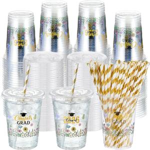 Sliner 50 Sets 16 oz Gold Graduation Plastic Cups Wildflower Congrats Grad Disposable Drinking Cups with Lids and Paper Straws for Hot Cold Drinks Class of 2026 Graduation Party Supplies
