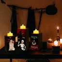 4 x BlcTec Halloween Decorations, 3 PCS Halloween Wood Candle Holders with LED Tea Lights & 3D Carving Craft, Spooky Wood Candle Centerpieces for Home, Table, Office, Tiered Tray, Shelf Dcor, Black Color