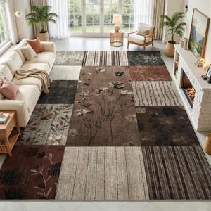 DweIke Area Rugs 5'x7' Washable Brown Rug for Living Room, Non-Slip Modern Geometric Patchwork Stain Resistant Indoor Throw Carpet for Bedroom Dining Room Farmhouse Office Decor