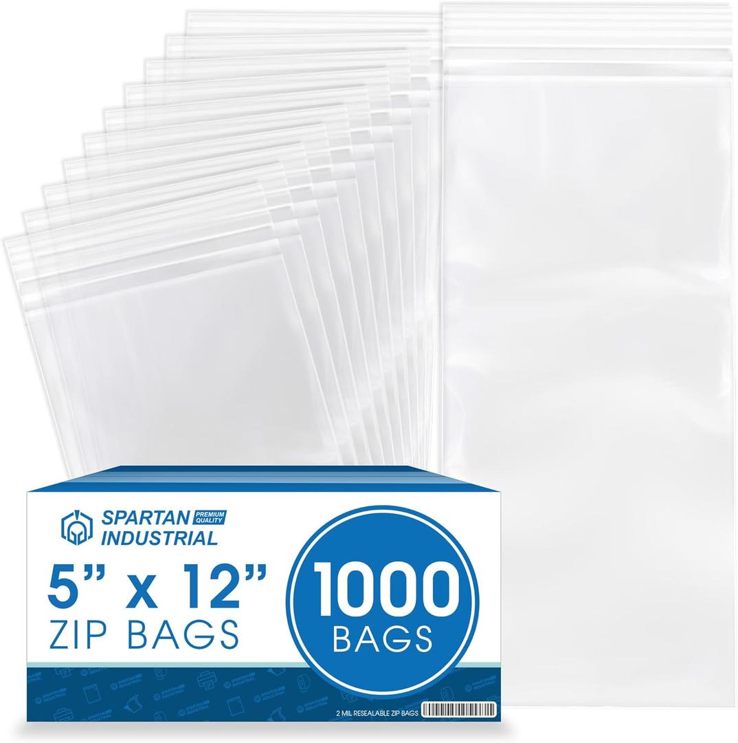 Spartan Industrial - 5” X 12” (1000 Count) 2 Mil Clear Reclosable Zip Plastic Poly Bags with Resealable Lock Seal Zipper