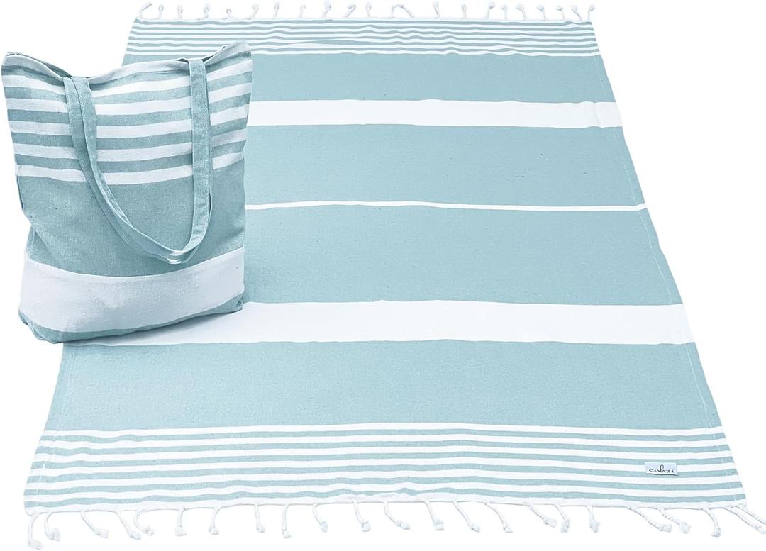 Turkish Beach Towel And Tote Bag - Beach Bag Tote And Turkish Towel Set. Travel, Picnic Blanket, Yoga. Women or Men. (Aqua)