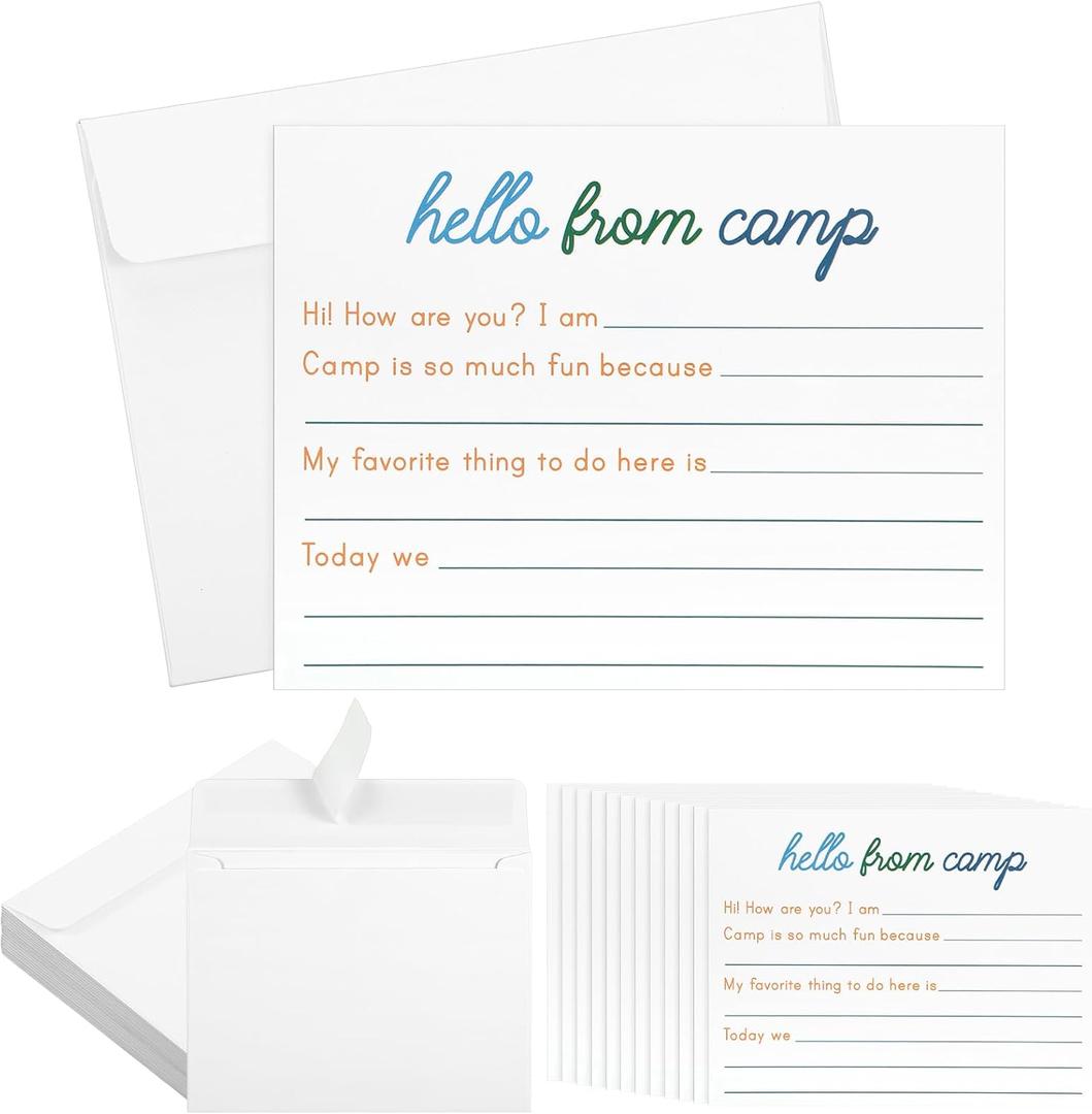 12 Set 5.5 x 4.25 Inches Camp Lined Flat Cards and Envelopes Set Camp Stationery with Envelopes for Boys and Girls Campers(Blue,Classic)