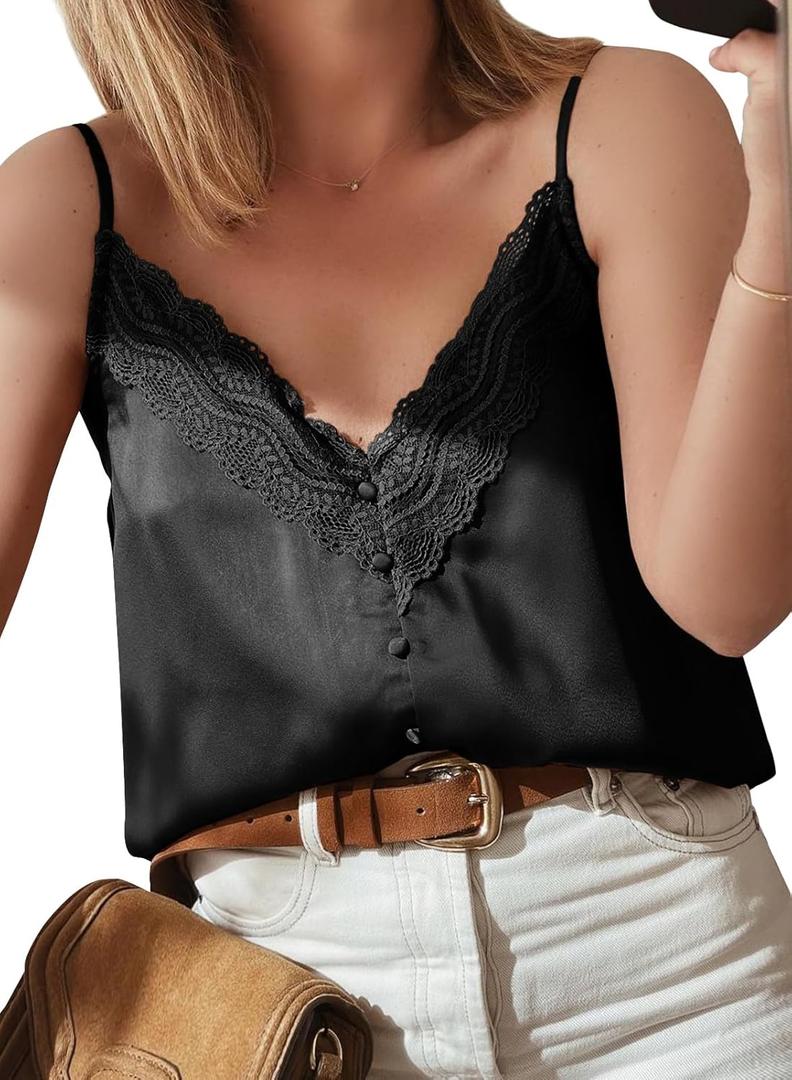 miduo Womens Tanks Tops Summer Going Out Satin Tops Lace Trim V Neck Spaghetti Straps Cami Shirts Sleeveless Tank Tops Black S