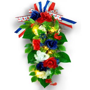 YULETIME 24" Pre-lit Decorative Teardrop Swag, Battery Operated Patriotic Theme Swag with Fairy Lights, Red, White & Blue Roses, Lilac Flowers, Green Leaves (Red White & Blue) YULETIME 24" Pre-lit Decorative Teardrop Swag, Battery Operated Patriotic Theme Swag with Fairy Lights, Red, White & Blue Roses, Lilac Flowers, Green Leaves (Red White & Blue)