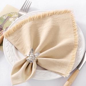 6 Pack Champagne Cotton Linen Napkins with Fringe Thanksgiving Fall Cloth Napkins Set of 6 Boho Handmade Dinner Table Napkins Bulk for Wedding Baby Shower Christmas Parties, 17 x 17 Inches (Beige Cream)