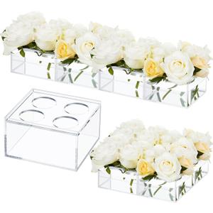 Tanlade 4 Pcs Acrylic Flower Vase Total 17 Inches Long Rectangular Floral Centerpiece for Dining Table Modern Acrylic Flower Box Decorative Clear Rectangle Vase Low Floral Vases for Home Wedding