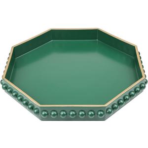 Green Serving Tray for Coffee Table, Octagonal Beaded Plastic Decorative Tray for Ottoman, Kitchen Counter, Living Room, Outdoor Lacquer Tray for Entertaining