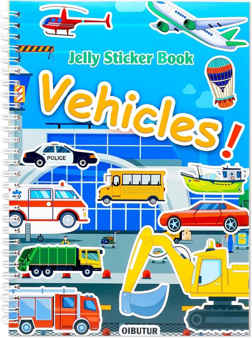 Jelly Sticker Books for Toddlers 2-4 Years, Reusable Sticker Book for Kids 1-3, Toddler Easter Basket StuffersTravel Essentials Vehicles Stickers for Kids Toddler Plane Activities (Vehicles)