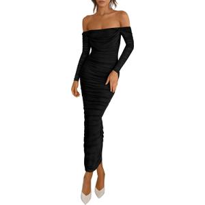 PRETTYGARDEN Womens 2026 Fall Long Sleeve Maxi Dress Off Shoulder Mesh Ruched Bodycon Trendy Long Wedding Guest Dresses (Medium, Black)