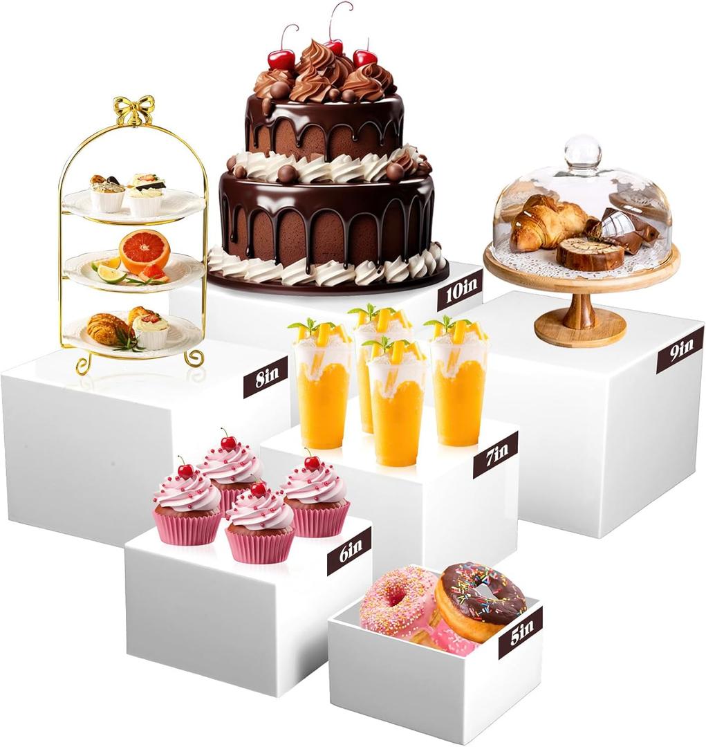 6PCS Buffet Risers, Food Risers for Buffet Table, Display Stand Shelf for Party Catering Dessert Collectibles, White Acrylic Nesting Boxes for Food Display (Size 10" 9" 8" 7" 6" 5")