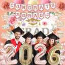 Holkcog 2026 Graduation Decorations, Pink Class of 2026 Congrats Graduation Floral Backdrop, Balloons, Paper Pompoms for Graduation Party Decorations, Outdoor Indoor College Grad Party Decorations