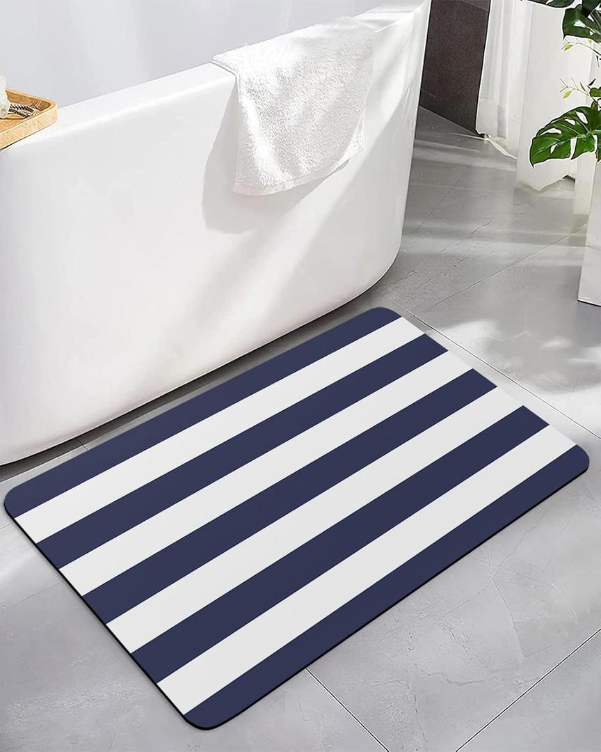 Bath Mat, Nautical Navy Blue White Stripes Quick Dry Bathroom Rugs Non Slip Absorbent Thin Shower Rug Floor Mat for Bathroom, Bathtub,Sink, 20"x32"