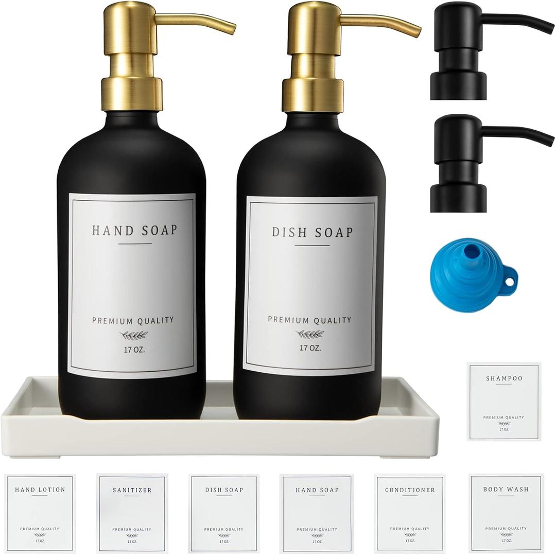 Glass Soap Dispenser for Kitchen, Farmhouse Dish Soap Dispenser&Hand Soap Dispenser Set, Rustproof Pump Lotion Dispenser Bathroom with Tray, Waterproof Label for Kitchen Decor (Black)