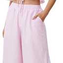 WDIRARA Women's Striped 2 Piece Pants Set Strapless Tie Bandeau Wide Leg Pants Outfits (Pink, L)