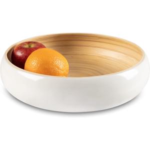 LEXA 12" Handmade White Bamboo Wooden Fruit Bowl for Kitchen Counter - 130 oz Lightweight Large Bamboo Wood Salad Bowl