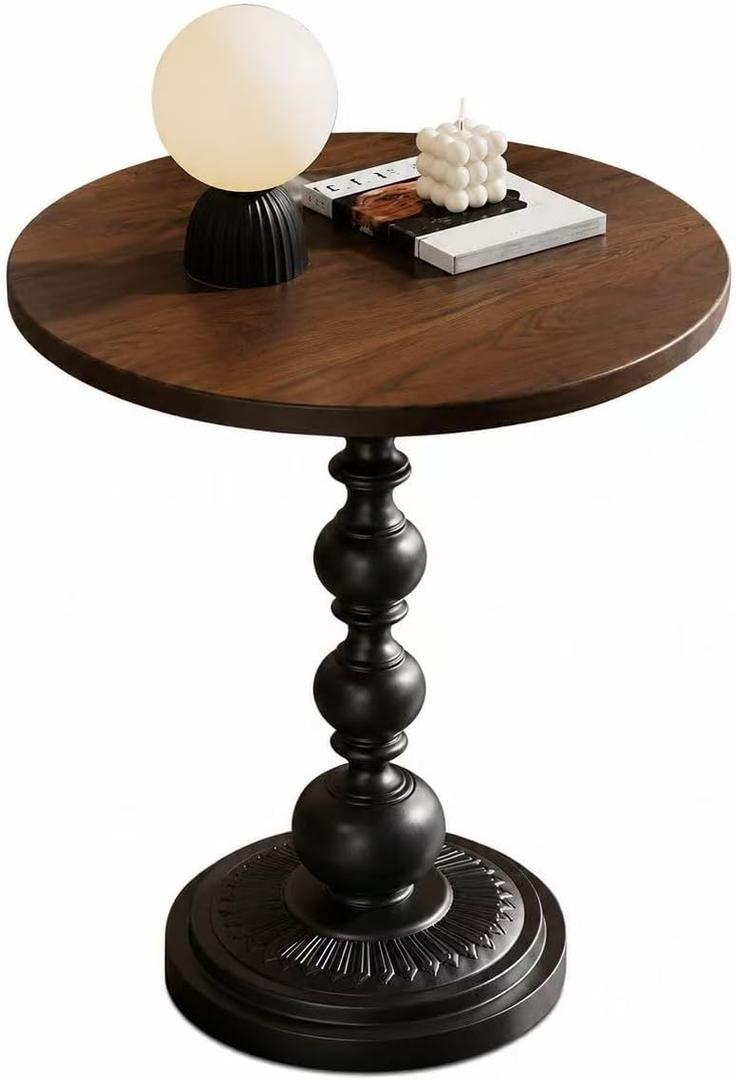 Vintage Round Side Table, Small Accent Table for Living Room Bedroom Balcony, French Style Pedestal End Table with Wood Look Tabletop, Easy Assembly, Brown and Black (15.8-inch)