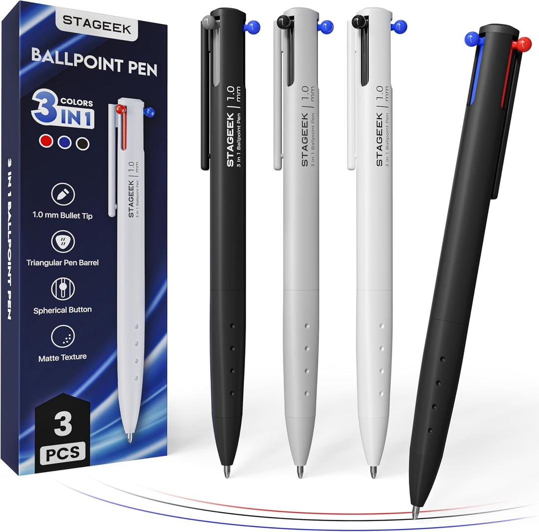 STAGEEK 3 PCS Multicolor Pens, 3-in-1 Colored Multi Colored Pen, 1.0mm Quick Dry Ballpoint Pens, Smooth Writing Colorful Retractable Pens for Office, School Supplies, Nursing Notes & Taking, Writing