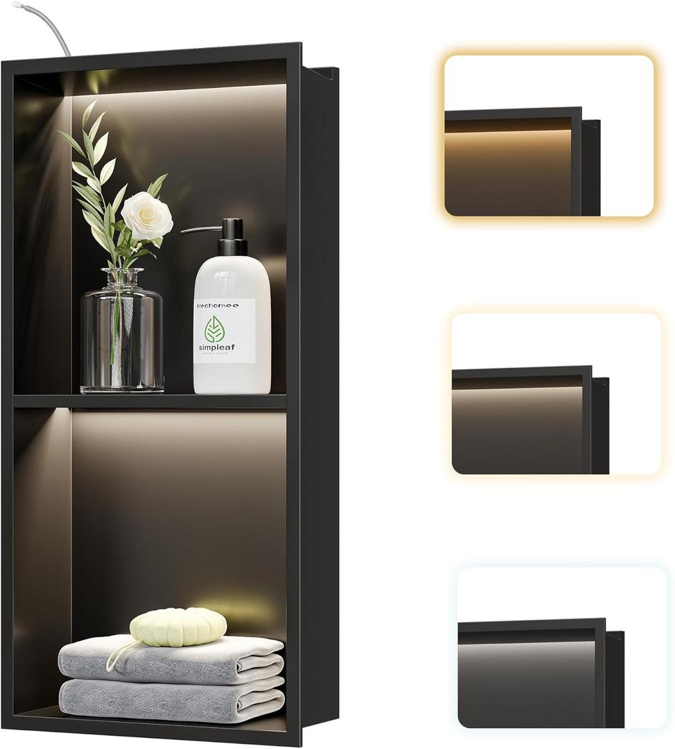 2-Tier Recessed LED Shower Niche,12"X24" Bathroom Wall Niche, with 3-Temperature LED Strip Light 4000K/6000K/3000K, Waterproof No Tile Need Stainless Steel Wall Cabinet(Matte Black)