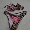 MakeMeChic Women's Halter Triangle Thong Bikini Sets High Cut Swimsuit Bathing Suit Swimwear (Large, Brown Leopard Flower)