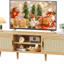 SUPERJARE Boho TV Stand for 65 Inch TV, Entertainment Center with Adjustable Shelf, Rattan TV Console with 2 Cabinets, Media Console, Solid Wood Feet, 4 Cord Holes, for Living Room - Natural