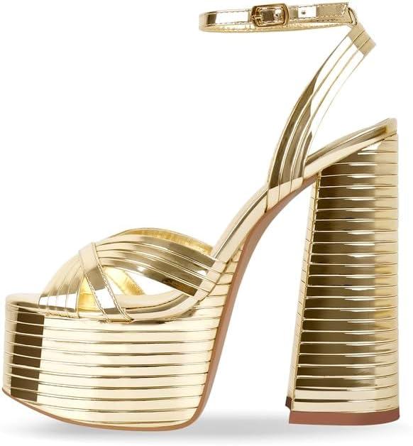 Onlymaker Platform Heels for Women Ankle Strap Chunky High Heel Sandals (8, Gold)