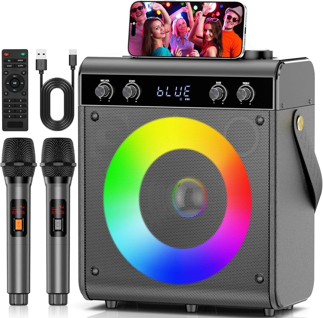 Karaoke Machine with 2 Wireless Microphones, Portable Bluetooth Speaker for Adults Kids with Bass Treble Echo PA System with Remote,LED Light, Supports TF Card,USB,AUX in,TWS,FM,REC for Party (Gray)
