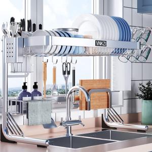 VNKZI Over Sink Dish Drying Rack, 2 Tier Full Stainless Steel Storage Adjustable Length (25.98'' to 36.61'') Kitchen Rack, Multifunctional Expandable Counter Organizer, Space Saver Dish Rack