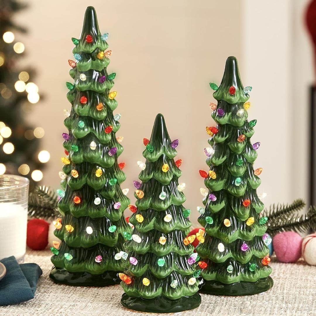 Best Choice Products Set of 3 XL Ceramic Christmas Trees, Pre-Lit Hand-Painted Tabletop Holiday Dcor w/Multicolor Bulbs, LED Lights  Green (Extra Large)