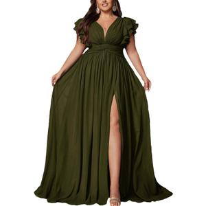 Women's Plus Size Bridesmaid Dresses Chiffon Wedding Guest Summer Maxi Dress Elegant Prom Evening Party Cocktail Gown (Olive Green, XL)