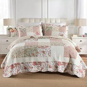 Secgo Queen Comforter Set for Bed - 100% Cotton Quilts Queen Size, Black Bedspreads (90 * 98 Inch) with 2 Pillow Shams, Patchwork Reversible Lightweight Bedding
