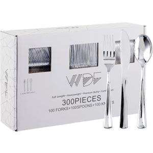 WDF 300 Pieces Silver Plastic Silverware - Plastic Silverware Heavy Duty - 100 Forks 100 Knives 100 Spoons - Disposable Silver Cutlery Perfect for Party/Wedding