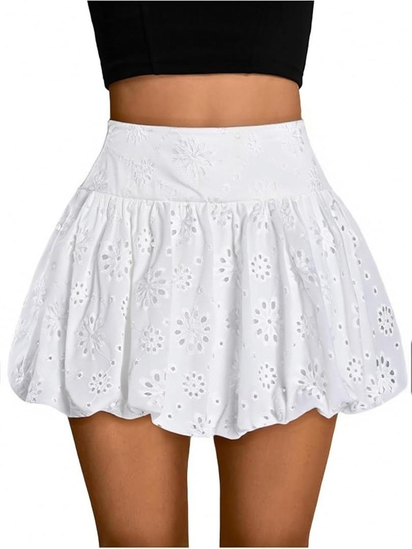 Verdusa Women's Gingham Bubble Mini Skirts Plaid Bow Cute Holiday Short Skorts (White, XL)