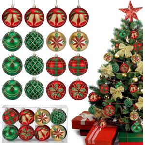 Christmas Tree Ornament Set, 16pcs 3.15 Inch Red and Green Shatterproof Christmas Tree Ornaments Ball Set Decorative Hanging Decoration for Xmas Decorations Home Dcor Party Holiday Weddin