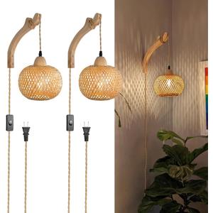Frideko Bamboo Wall Sconces Set of Two Plug in, Boho Wall Lamp with Plug in Cord, Farmhouse Wall Light Fixtures with 9.84FT On/Off Switch Cord, Rattan Sconces Wall Lighting for Bedroom Living Room