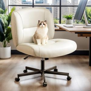 Marsail Criss Cross Chair with Wheels, Wide Mid-Back Comfy Armless Office Chair, Scratch-Resistant PVC Leather Cross Legged Desk Chair, Height Adjustable Vanity Computer Desk for Home Office (Light Grey)