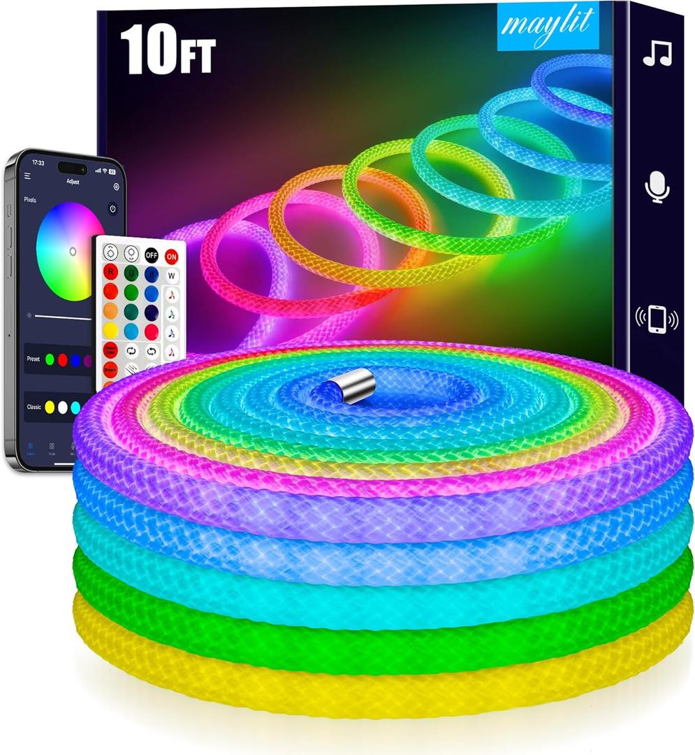 Maylit 360 Degree Luminous Reticulate Weave Rope Lights, 10ft Addressable ICRGB LED Strip Lights, Music Sync, DIY Design, USB Powered Flexible LED Lights for Gaming Room Living Bedroom Wall Decor