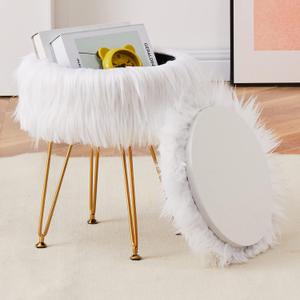 Faux Fur Storage Ottoman Round Furry Vanity Stool Marble Grain Tray Coffee Table Compact Footrest with 4 Metal Legs Soft Makeup Seat Foot Stool for Living Room Bedroom Entryway White
