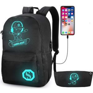 School Backpack for Teen Boys, Skateboard Anime Luminous Backpack with USB Charging Port, Anti Theft Lock and Pencil Case, College School Bookbag Lightweight Laptop Bag, Black