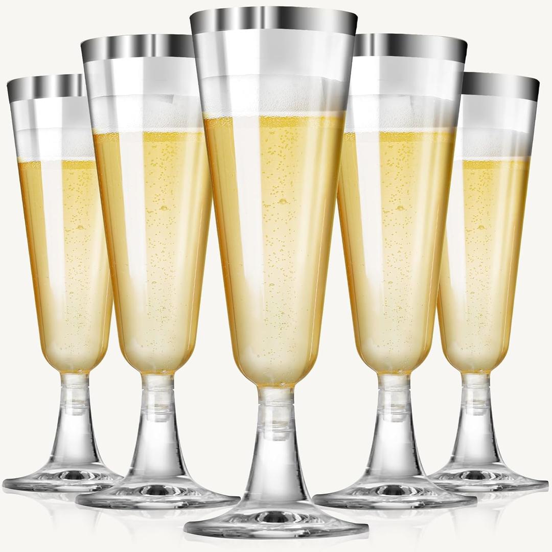 SUREHOME Plastic Champagne Flutes Plastic Mimosa Glasses 40 Pack Silver Rim Glasses, 5.5 Oz Disposable Champagne Glasses Clear Acrylic Wedding Toasting Glasses for Party Cocktail Cups Bulk Supplies (40 Count (Pack of 1), Silver Rim)