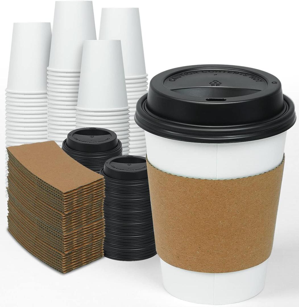 Ginkgo 100 Pack 12 oz Disposable Thickened Paper Coffee Cups with Lids and Sleeves, To Go Hot Coffee Cups, Hot Chocolate, Cocoa and Coffee Bar Supplies
