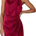 PRETTYGARDEN Women's Short Formal Satin Dress Summer Sleeveless Mock Neck Tie Waist Cocktail Party Dresses (Red, L)