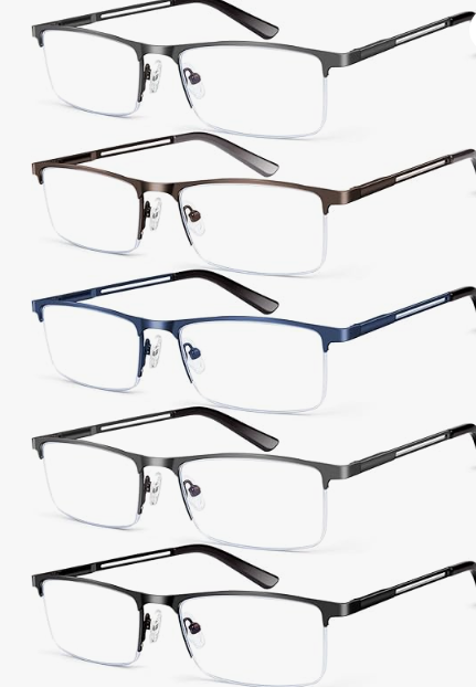 Blue Light Blocking Reading Glasses for Men, Half Frame Metal Readers Spring Hinge Eyeglasses Anti Eyestrain/Glare/UV, Magnification Strength: 1.5 x